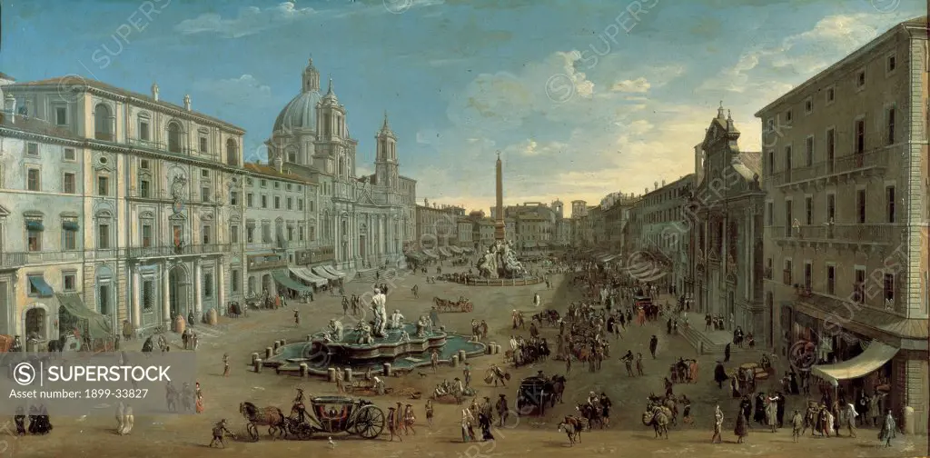View of Piazza Navona, by Van Wittel Gaspar known as Gaspare Vanvitelli, 18th Century, oil on canvas. Private collection. Whole artwork. View city Rome Piazza Navona fountain building Sant'Agnese in Agone church facade