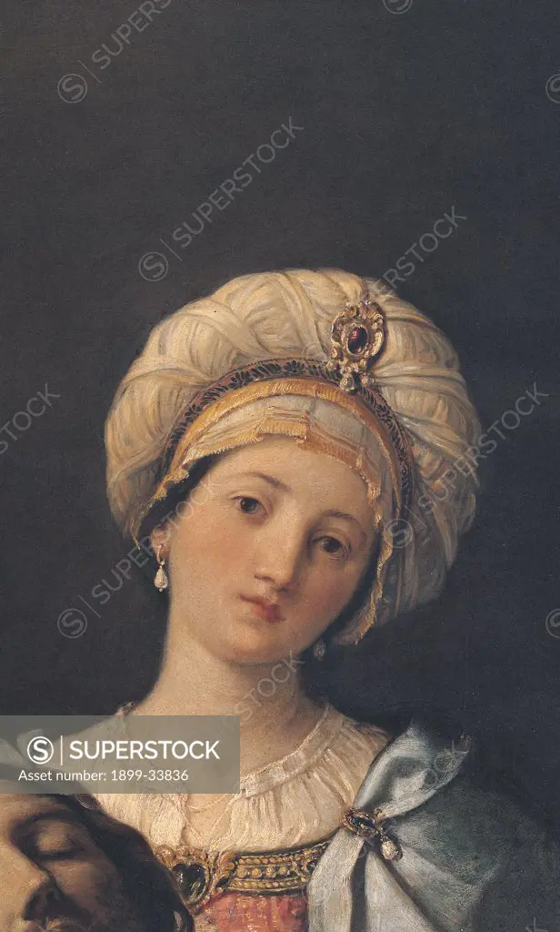 Salome with the Head of John the Baptist, by Reni Guido, 1638 - 1639, 17th Century, oil on canvas. Italy: Lazio: Rome: National Gallery of Ancient Art of Palazzo Corsini. Detail. Salome turban earrings brooch face young woman head John the Baptist dress