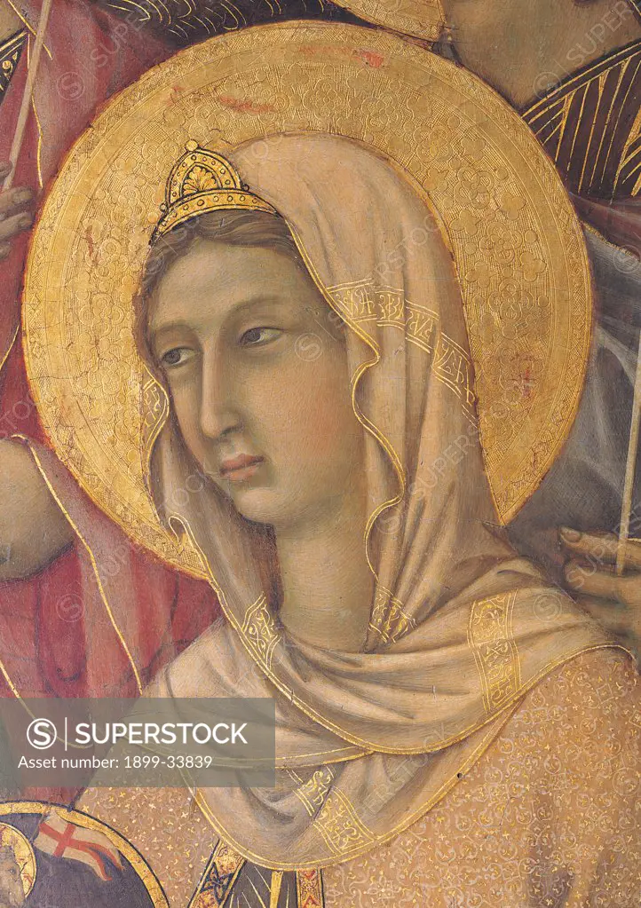Military Parade at Campo di Marte, by Duccio di Buoninsegna, 1308 - 1311, 14th Century, tempera on panel, with gold ground. Italy. Tuscany. Siena. Cathedral. Front, main register. Detail of face of St Agnes with veil and crown