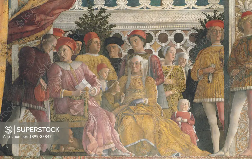 Decoration of the Camera degli Sposi (Camera Picta), by Mantegna Andrea, 1465 - 1474, 15th Century, fresco and dry tempera. Italy. Lombardy. Mantua. Ducal Palace. Northern wall also known as the fireplace wall. The Court. Detail of the Gonzaga family, including the marquis/marchese Ludovico, the sons Gianfrancesco, Ludovico and Rodolfo, the daughters Paola and Barbara, the wife Barbara Von Brandenburg, a little dog, the dwarf woman and the wet nurse