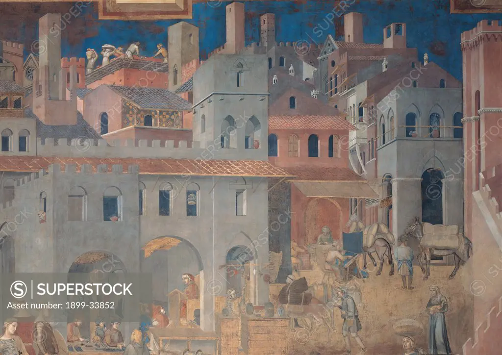 The Effects of Good Government in the City and Country, by Lorenzetti Ambrogio, 1338 - 1339, 14th Century, fresco. Italy: Tuscany: Siena: Palazzo Pubblico: Sala dei Nove. Detail. City life people houses work