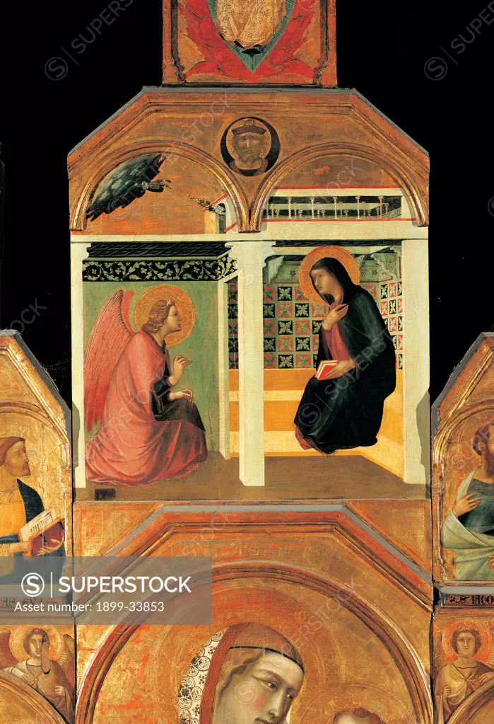 Polyptych (Virgin and Child with Saints, Annunciation and Assumption), by Lorenzetti Pietro, 1320, 14th Century, tempera on panel. Italy: Tuscany: Arezzo: Santa Maria parish church. Detail. Polyptych Madonna Saints The Annunciation gold column room wings arch