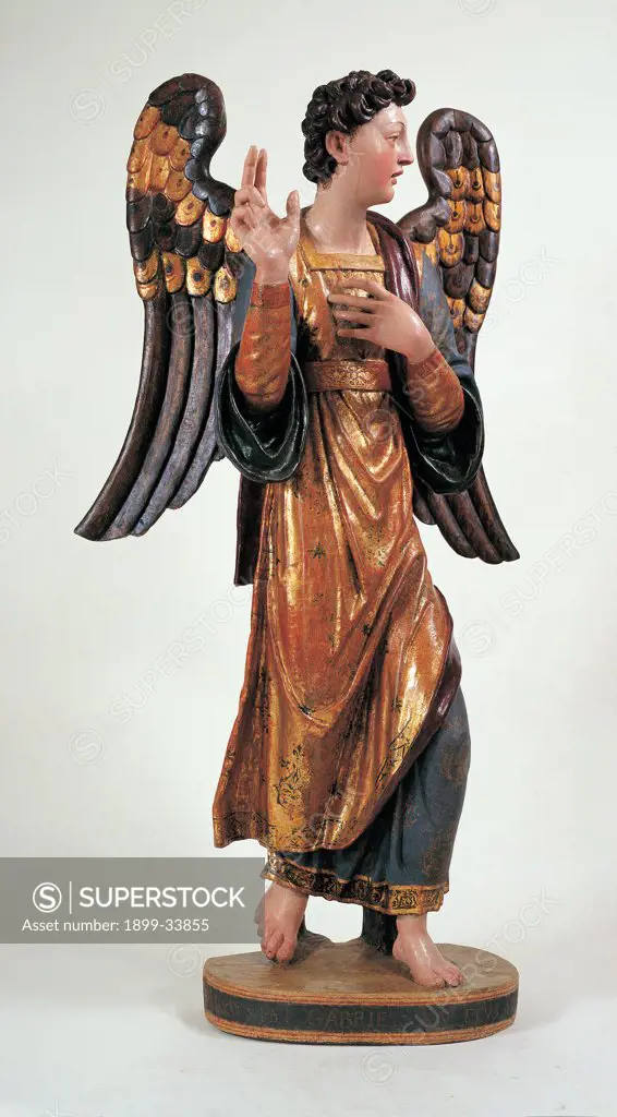 The Announcing Angel, by Lorenzo di Mariano known as il Marrina, 1534, 16th Century, wood carved, gilded and partially silver, covered. Italy: Tuscany: Siena: Misericordia Brotherhood. Whole artwork. Polychrome statue gold wings blessing hand fingers blue dress/garment barefoot