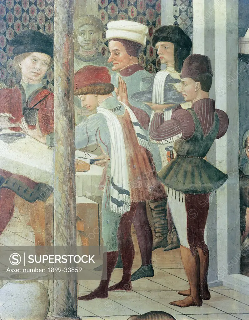 The Wedding Feast at Cana, by Delitio Andrea, 1481, 15th Century, fresco. Italy: Abruzzo: Teramo: Atri: Cathedral. Detail. Servants dishes wedding feast Cana table column hat headdress/headgear red bowl glass vase amphora