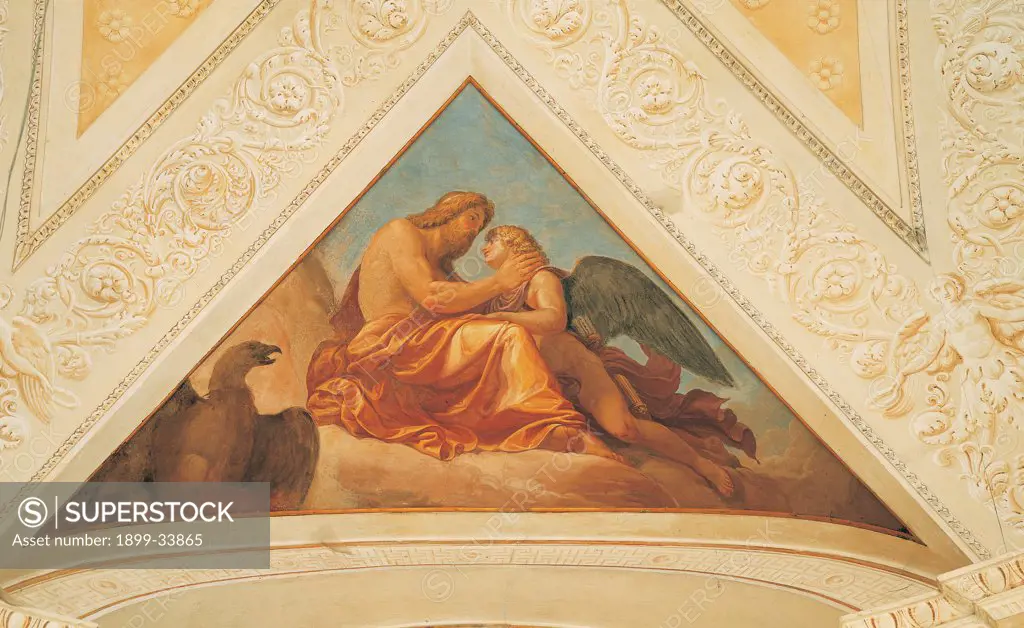 Story of Cupid and Psyche, by Appiani Andrea, 1798, 18th Century, fresco. Italy: Lombardy: Monza Brianza: Monza: Villa Reale: Rotonda. Detail. Love/Eros/Cupid and Jupiter young man eagle wings drape orange mantle/cloak