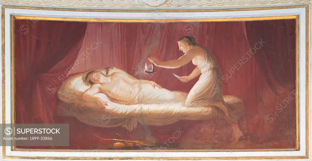 Story of Cupid and Psyche, by Appiani Andrea, 1798, 18th Century, fresco. Italy. Lombardy. Monza Brianza. Monza. Villa Reale. Rotonda. Detail of the sleep of Cupid lamp arch arrows bed mattress be sheets curtains young lady man