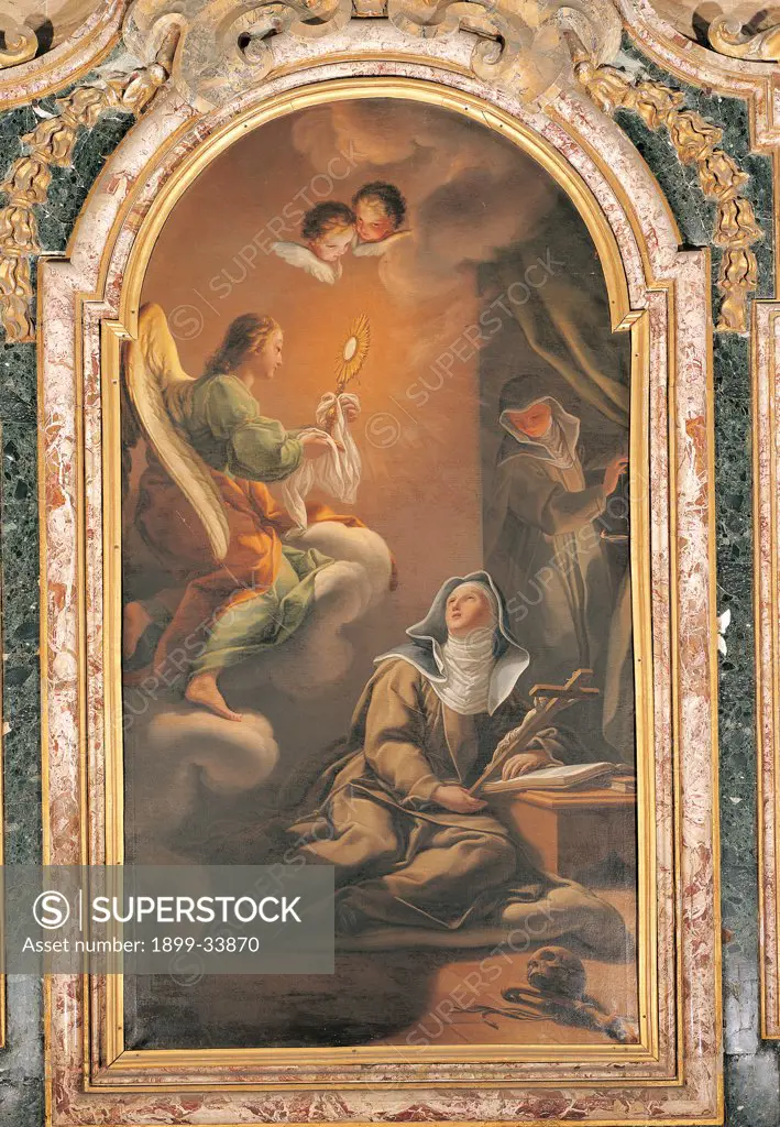 Vision of St Clare, by Bianchi Pietro known as Creatura, 1694 - 1740, 18th Century, canvas. Italy: Umbria: Perugia: Gubbio: San Benedetto church. Whole artwork. Vision of St Clare angel monstrance host/wafer particle nuns crucifix crucified cloud apparition skull cherubs curtain dark/brown shades brown white black green orange yellow light shade memento mori