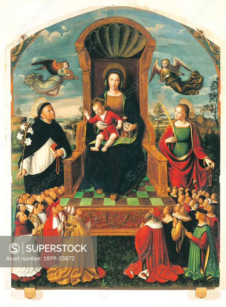 The Madonna of the Rosary altarpiece, by Brea Ludovico, 16th Century, oil on panel. Italy: Liguria: Imperia: Taggia: San Domenico church. All Altarpiece Madonna Rosary throne Mary the Infant Jesus/the Christ Child Saints lily red green palm book