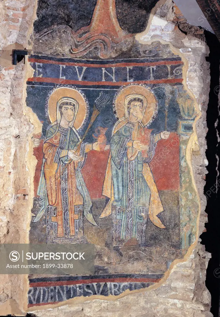 The Wise Virgins, by Unknown artist, 11th Century, fresco. Italy: Marche: Macerata: Tolentino: Cathedra: ex mausoleo di San Catervo. Fragment wise virgins pitcher/jug red blue lamp lantern torch small oil lamp halo/aureole