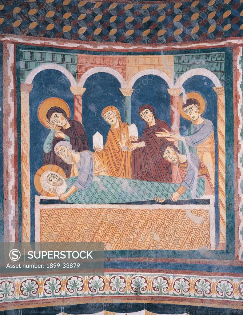 Deposition in the Sepulcher, by Unknown artist, 12th Century, fresco. Italy: Sardegna: Sassari: Codrongianus: Santissima Trinita di Saccargia church. Detail of the apsidal decoration Deposition in the sepulcher