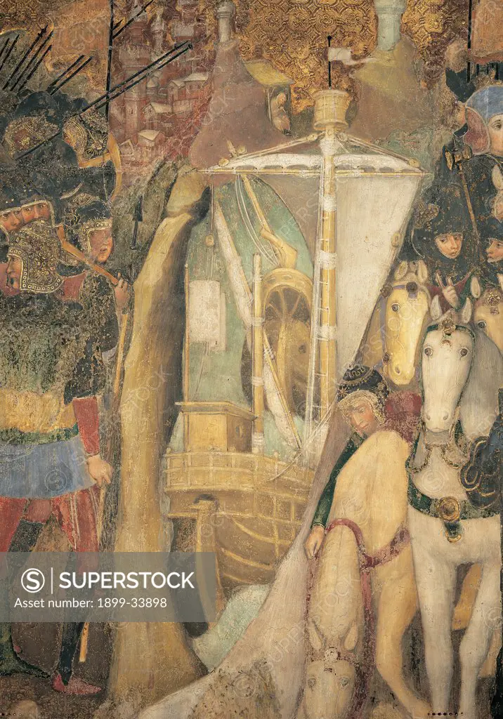 The Legend of Theodelinda, by Zavattari (brothers), 1430 - 1448, 15th Century, fresco. Italy. Lombardy. Monza Brianza. Monza. Cathedral. Left detail with boat/craft. The Legend of Theodelinda of Costantius Arrives in Italy. Scene 43. Horse weapons/arms sword helmet ship sailing vessel
