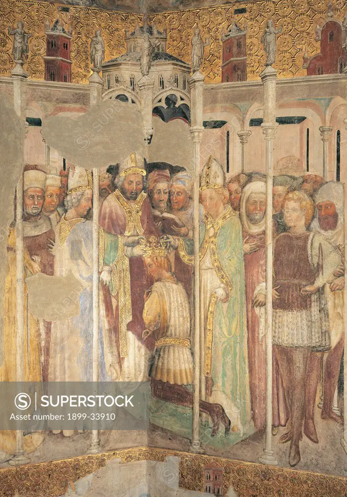 The Legend of Theodelinda, by Zavattari (brothers), 1430 - 1448, 15th Century, fresco. Italy. Lombardy. Monza Brianza. Monza. Cathedral. The Legend of Theodelinda of The Crowning of Agilulf. Scene 28. Gold crown crowning/coronation green