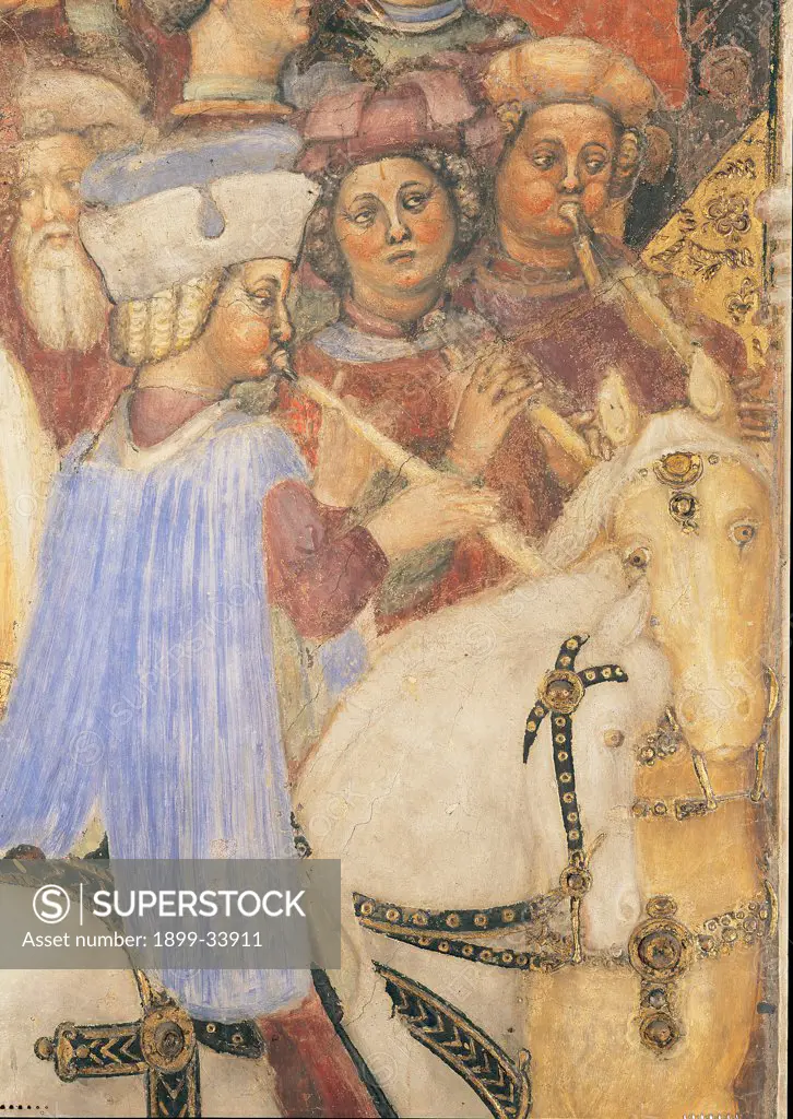 The Legend of Theodelinda, by Zavattari (brothers), 1430 - 1448, 15th Century, fresco. Italy. Lombardy. Monza Brianza. Monza. Cathedral. The Legend of Theodelinda of Autari and Theodelinda Go to Verona. Detail with musicians. Horse light blue/azure hat headdress/headgear flute