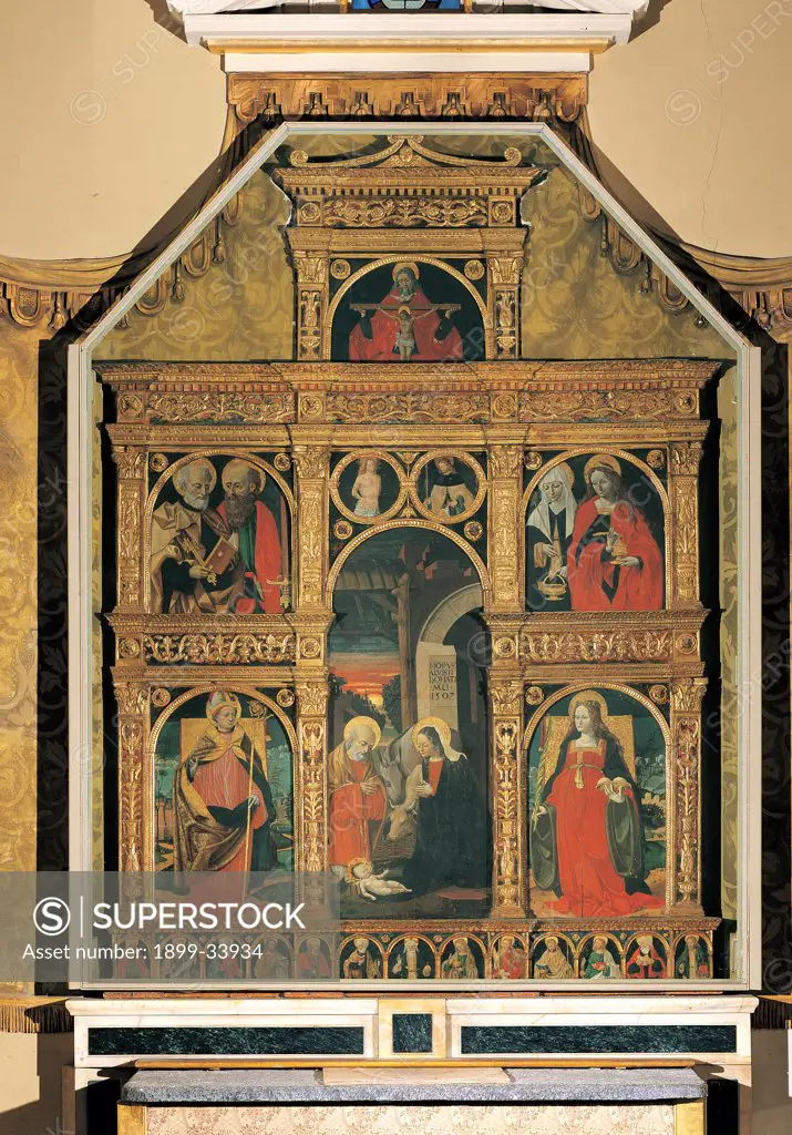 Polyptych with Nativity (Scene), by De Donati Alvise, 1491 - 1512, 15th Century, panel. Italy: Lombardy: Como: Moltrasio: Parish church. All Polyptych Nativity Madonna Child Saints red gold