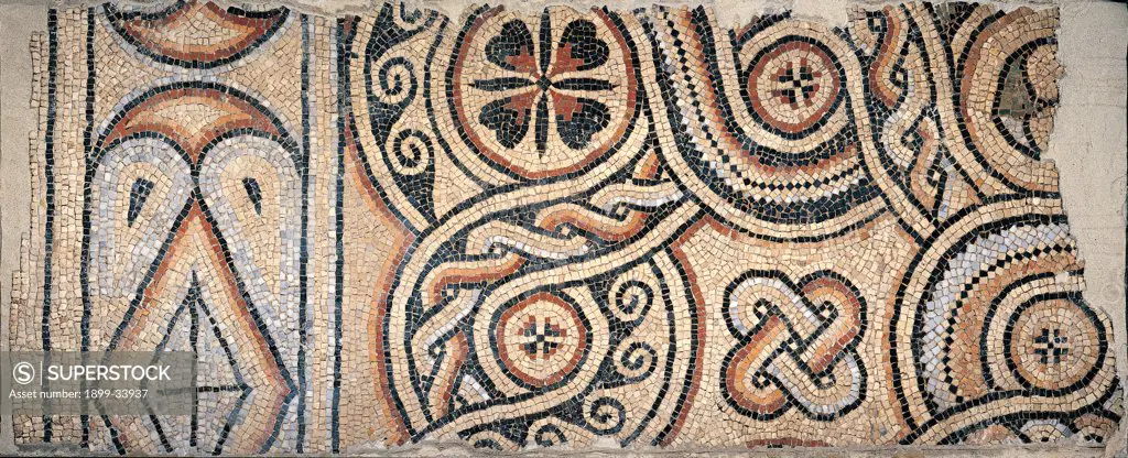Geometric rug, by Unknown artist, 5th Century, polychrome mosaic. Italy: Emilia Romagna: Ravenna: National Museum: magazzini. Detail. Geometric rug mosaic floor Theodoric's Palace brown beige mosaic Salomon's knot