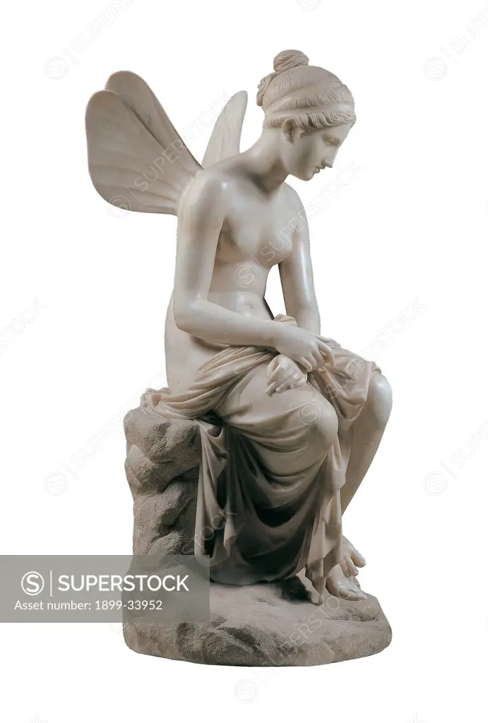 Psyche Abandoned, by Tenerani Pietro, 1816 - 1819, 19th Century, marble, full relief. Italy: Tuscany: Florence: Palazzo Pitti: Gallery of Modern Art. Whole artwork. Winged Psyche drapery wings breast/bosom marble white base/pedestal