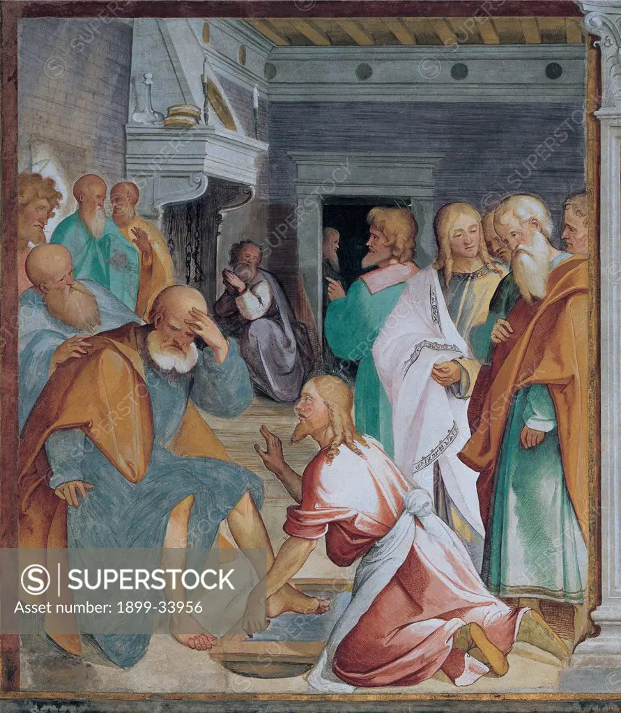 Scenes from the Life of Christ of Washing of Feet, by Melone Altobello, 1516 - 1517, 16th Century, fresco. Italy: Lombardy: Cremona: Cathedral: navata parete di destra. Whole artwork. Scene Jesus Christ washing feet disciples apostles interior room fireplace basin