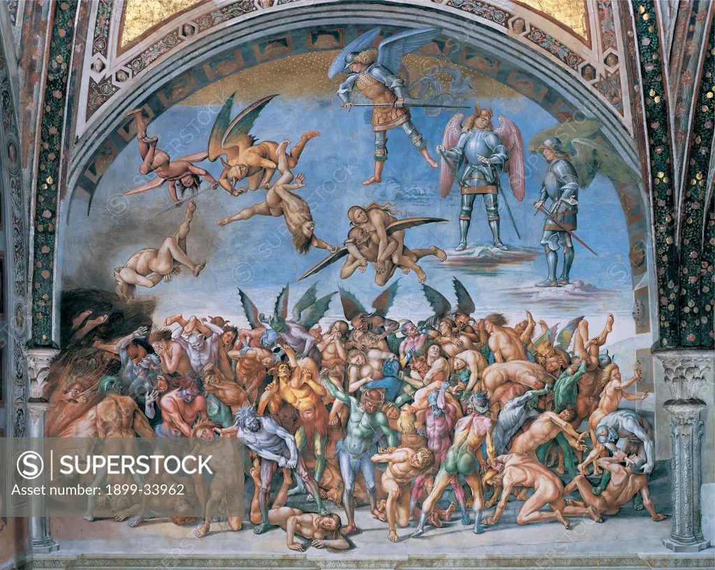 The Damned Souls in Hell, by Signorelli Luca, 1499 - 1504, 15th Century, fresco. Italy: Umbria: Terni: Orvieto: Duomo: San Brizio Chapel. All angels archangels damned souls/the damned hell demons/devils tortures swords