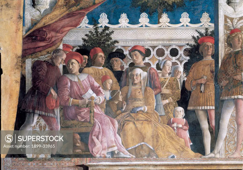 Decoration of the Camera degli Sposi (Camera Picta), by Mantegna Andrea, 1465 - 1474, 15th Century, fresco and dry tempera. Italy. Lombardy. Mantua. Ducal Palace. Detail. Northern wall also known as the fireplace wall. The Court of the marquise Barbara Von Brandenburg with her sons and daughters, Gianfrancesco, Ludovico, Rodolfo, Paola, Barbara, the dwarf woman and the wet nurse