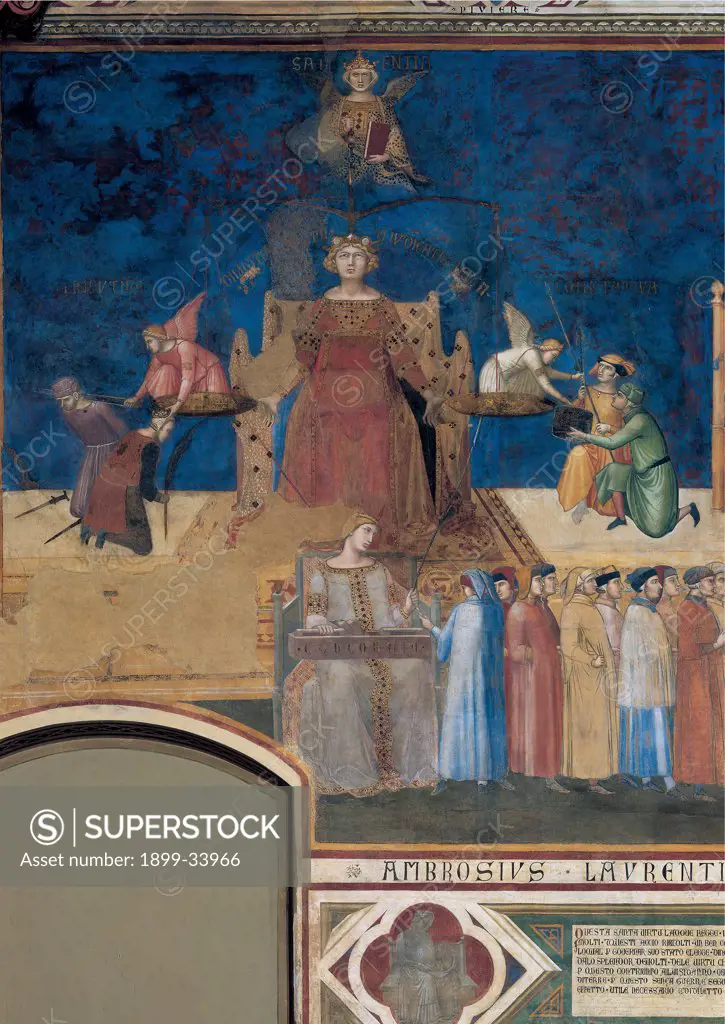 Allegory of Good Government, by Lorenzetti Ambrogio, 1338 - 1340, 14th Century, fresco. Italy: Tuscany: Siena: Palazzo Pubblico: Sala della Pace. Detail. Justice Sapientia/Wisdom/Knowledge blue yellow red throne balance/scales/scale angels