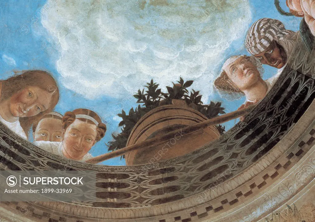 Decoration of the Camera degli Sposi (Camera Picta), by Mantegna Andrea, 1465 - 1474, 15th Century, fresco and dry tempera. Italy: Lombardy: Mantua: Ducal Palace. Detail of the vault. Oculus two women veil vase flowers balcony balustrade/banister sky