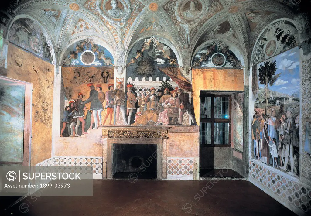 Decoration of the Camera degli Sposi (Camera Picta), by Mantegna Andrea, 1465 - 1474, 15th Century, fresco and dry tempera. Italy: Lombardy: Mantua: Ducal Palace. Front view of the north wall with the Gonzaga family and courtiers