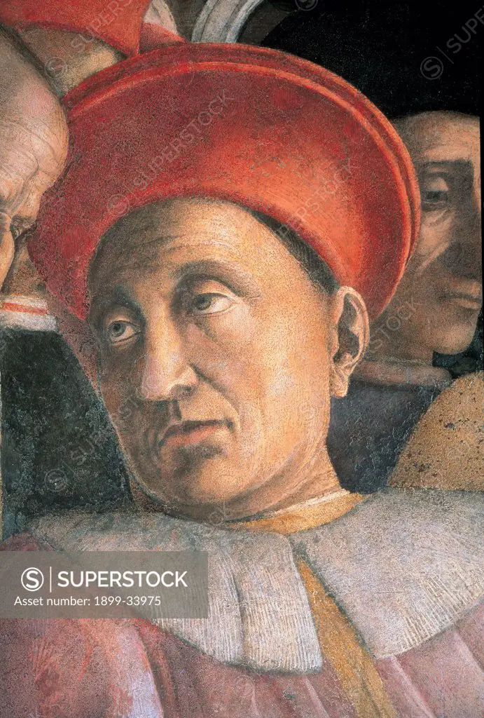 Decoration of the Camera degli Sposi (Camera Picta), by Mantegna Andrea, 1465 - 1474, 15th Century, fresco and dry tempera. Italy. Lombardy. Mantua. Ducal Palace. North wall or the chimney wall. The Court. Detail of face of the Marquis Ludovico III Gonzaga red pink yellow gold hat head gear/headdress face