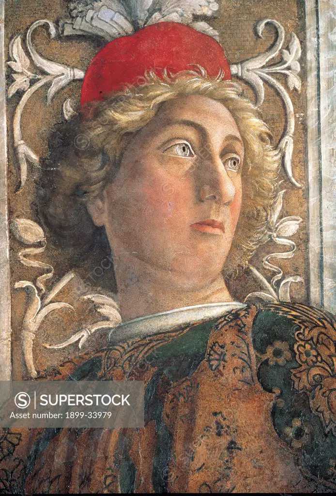 Decoration of the Camera degli Sposi (Camera Picta), by Mantegna Andrea, 1465 - 1474, 15th Century, fresco and dry tempera. Italy. Lombardy. Mantua. Ducal Palace. North wall or the chimney wall. The Court. Detail of face of the dignitary leaning against the pillar face gold brown red hat head gear/headdress
