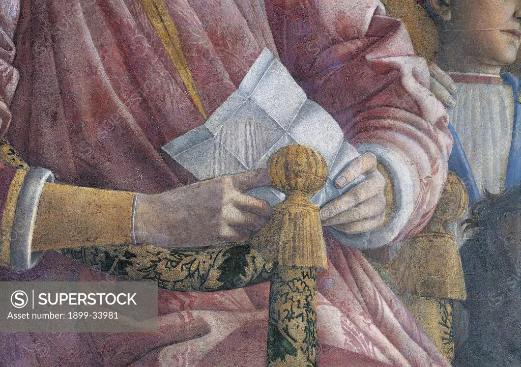 Decoration of the Camera degli Sposi (Camera Picta), by Mantegna Andrea, 1465 - 1474, 15th Century, fresco and dry tempera. Italy. Lombardy. Mantua. Ducal Palace. North wall or the chimney wall. The Court. Detail of the hands of the Marquis Ludovico III Gonzaga holding a letter gold pink hands dress/robe/garment