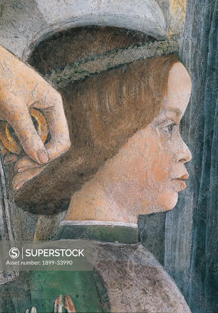 Decoration of the Camera degli Sposi (Camera Picta), by Mantegna Andrea, 1465 - 1474, 15th Century, fresco and dry tempera. Italy. Lombardy. Mantua. Ducal Palace. West wall. The meeting between Ludovico Gonzaga and his sons Francesco and Federico. Right episode. Detail of profile of Federico Gianfrancesco Gonzaga child hand