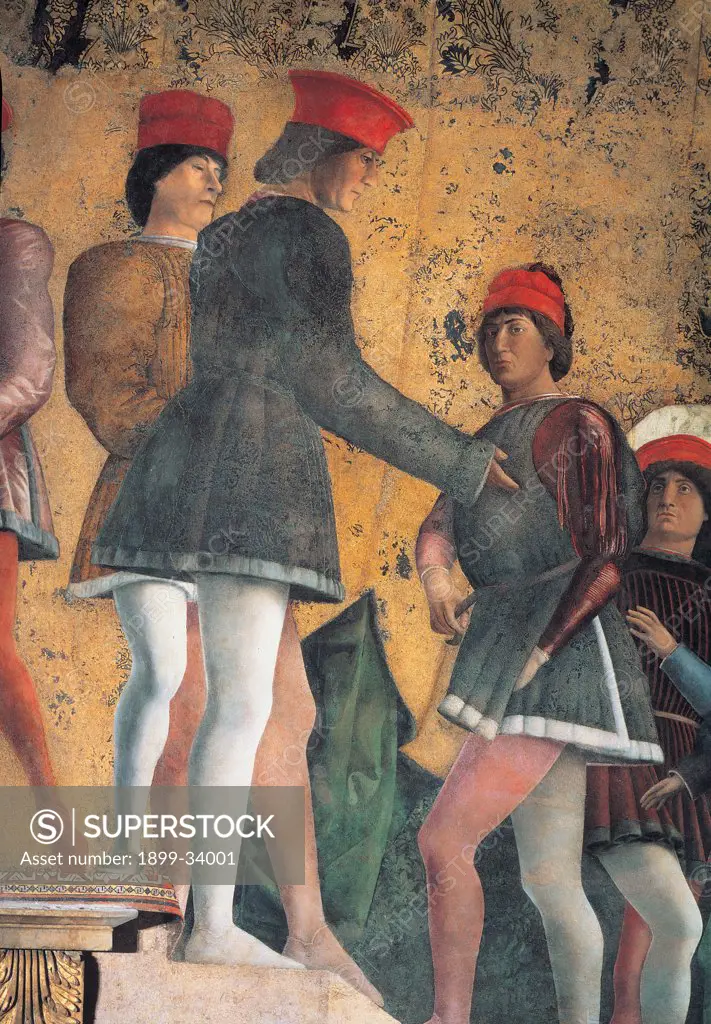 Decoration of the Camera degli Sposi (Camera Picta), by Mantegna Andrea, 1465 - 1474, 15th Century, fresco and dry tempera. Italy. Lombardy. Mantua. Ducal Palace. North wall or the chimney wall. The Court. Detail of Dignitaries and advisers wearing clothes with the Gonzaga heraldic colors, climbing the ladder on the right red gold