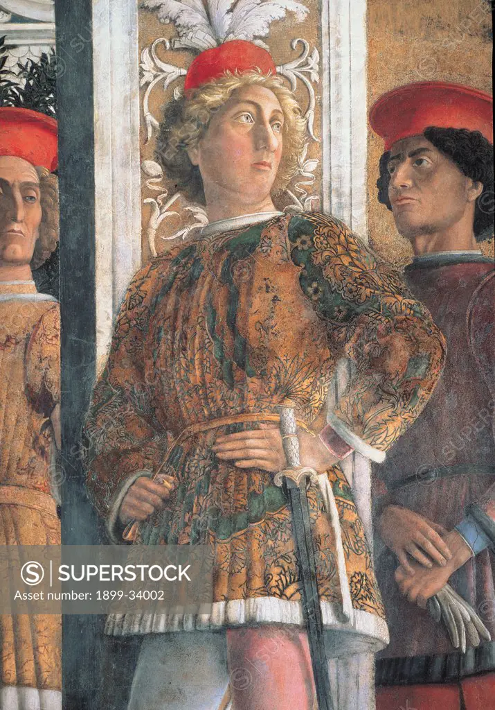 Decoration of the Camera degli Sposi (Camera Picta), by Mantegna Andrea, 1465 - 1474, 15th Century, fresco and dry tempera. Italy. Lombardy. Mantua. Ducal Palace. North wall or the chimney wall. The Court. Detail of dignitary leaning against the pillar red brown