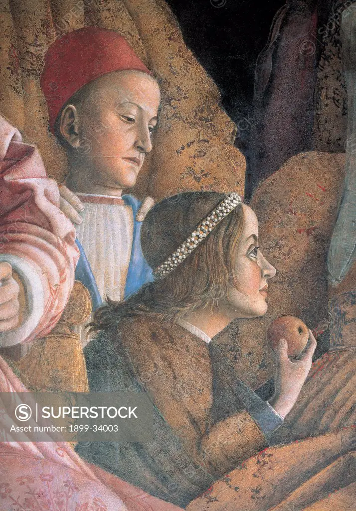 Decoration of the Camera degli Sposi (Camera Picta), by Mantegna Andrea, 1465 - 1474, 15th Century, fresco and dry tempera. Italy. Lombardy. Mantua. Ducal Palace. North wall or the chimney wall. The Court. Detail of the children of Marquis Gonzaga, Ludovico and Paola biting an apple