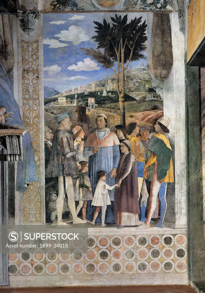 Decoration of the Camera degli Sposi (Camera Picta), by Mantegna Andrea, 1465 - 1474, 15th Century, fresco and dry tempera. Italy. Lombardy. Mantua. Ducal Palace. West wall. The meeting between Ludovico Gonzaga and his sons, Francesco and Federico. Right episode. Whole artwork. Ludovico with his sons and other characters of perhaps the Emperor Frederick III and King Christian of Denmark. Before and after the restoration