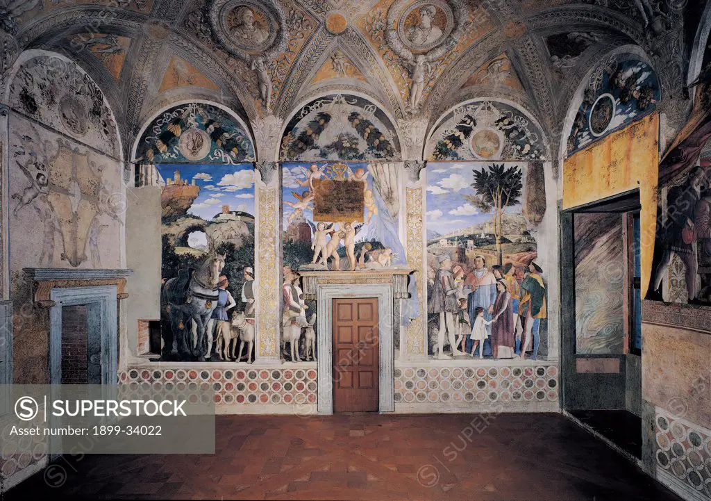 Decoration of the Camera degli Sposi (Camera Picta), by Mantegna Andrea, 1465 - 1474, 15th Century, fresco and dry tempera. Italy: Lombardy: Mantua: Ducal Palace. West wall. The meeting between Ludovico Gonzaga and his sons, Francesco and Federico. Whole artwork. Higher lunettes with Ludovico Gonzaga's deeds