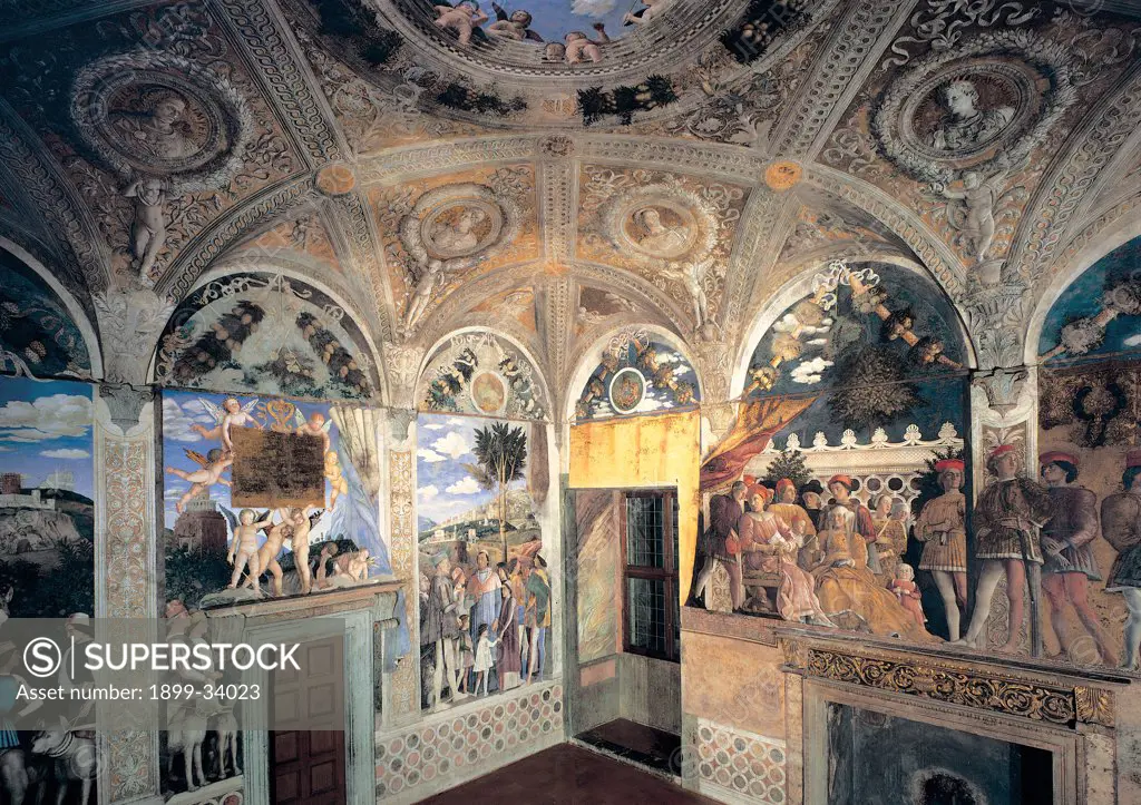 Decoration of the Camera degli Sposi (Camera Picta), by Mantegna Andrea, 1465 - 1474, 15th Century, fresco and dry tempera. Italy: Lombardy: Mantua: Ducal Palace. Perspective view of the north wall with The Court and the west wall with The meeting: view of the rhomboid lacunars ceiling vault