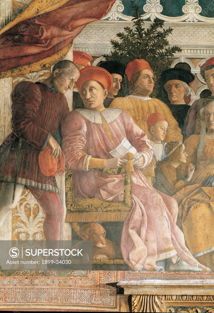 Decoration of the Camera degli Sposi (Camera Picta), by Mantegna Andrea, 1465 - 1474, 15th Century, fresco and dry tempera. Italy. Lombardy. Mantua. Ducal Palace. North wall or the chimney wall. The Court. Detail of the Marquis Ludovico III Gonzaga, his secretary and his children Gianfrancesco, Ludovico and Paola. Under the armchair the dog Rubino