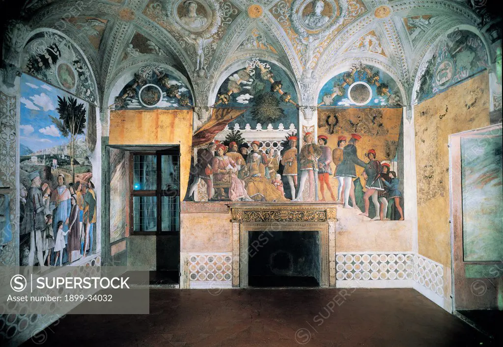 Decoration of the Camera degli Sposi (Camera Picta), by Mantegna Andrea, 1465 - 1474, 15th Century, fresco and dry tempera. Italy: Lombardy: Mantua: Ducal Palace. North wall or the chimney wall. The Court. Whole artwork. The Gonzaga family, other characters and dignitaries