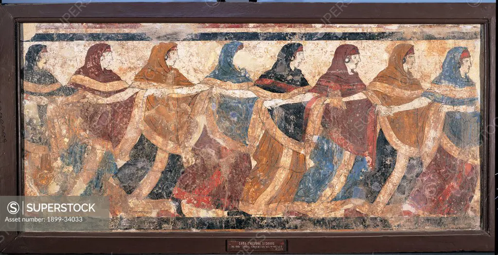 Tomb 11, tomb in a semicircle, Ruvo, by Unknown artist, 4th Century, mural. Italy: Campania: Naples: National Archaeological Museum: inv. 9353. Tomb 11, tomb in a semicircle, Ruvo - Funeral rite. Detail of a choir women who dance and sing in a funeral procession