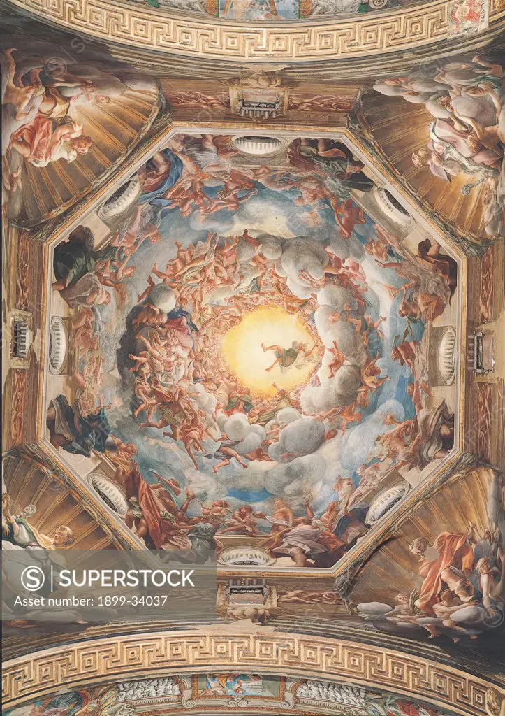 Assumption of the Virgin, by Allegri Antonio known as Correggio, 1526 - 1530, 16th Century, fresco. Italy: Emilia Romagna: Parma: Santa Maria Assunta Cathedral: cupola. Whole artwork. Zenithal view octagonal dome Virgin Our Lady of the Assumption hosts of angels clouds glory light