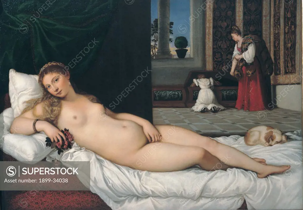 Venus of Urbino, by Vecellio Tiziano known as Titian, 1538, 16th Century, oil on canvas. Italy: Tuscany: Florence. Whole artwork. Naked young woman rose woman lying lascivious pose long hair roses dog room window bed couch bedclothes cushions white red curtain black