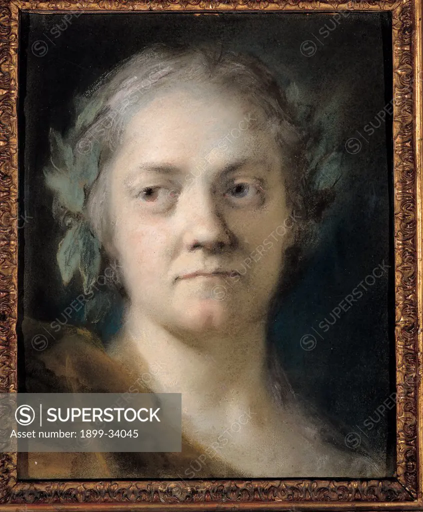 Self-portrait, by Carriera Rosalba, 1746, 18th Century, pasta on cerulean paper. Italy: Veneto: Venice: Accademia Art Galleries. Whole artwork. Portrait woman face gray hair ivy leaf expression