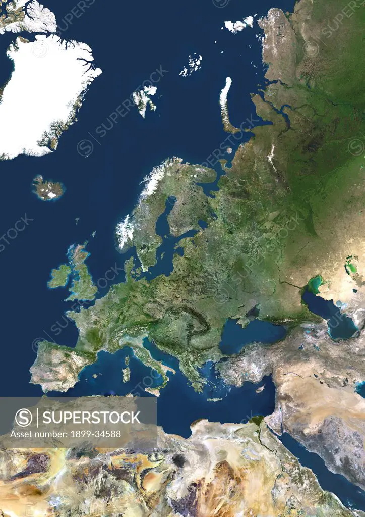 Western Europe, True Colour Satellite Image. True colour satellite mosaic image of the whole of Europe and Scandinavia. The image used data from LANDSAT 5 & 7 satellites.