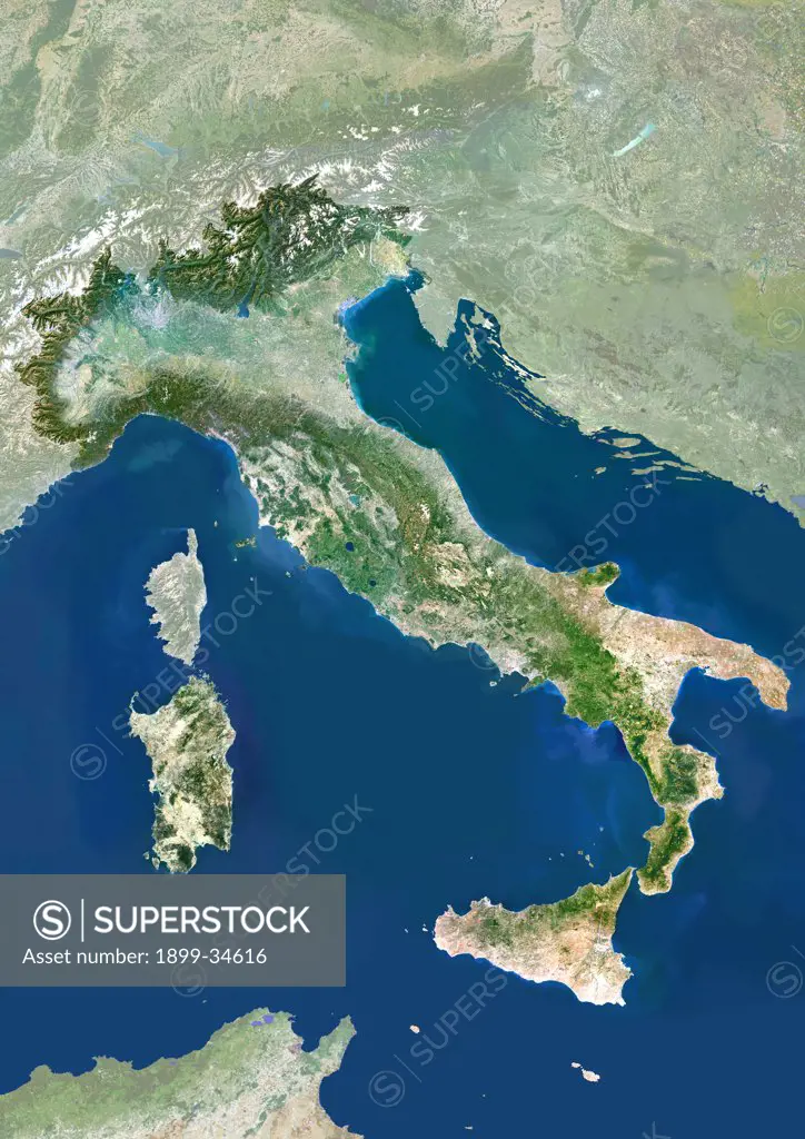 Italy, True Colour Satellite Image With Mask. Italy, true colour satellite image with mask. Italy comprises the large peninsula at centre, and the large islands of Sicily (lower centre) and Sardinia (centre left). It also encompasses numerous smaller islands. To the northeast of Italy is the Adriatic Sea, southeast of it is the Ionian Sea, southwest of it is the Tyrrhenian Sea, and the Ligurian Sea lies above the French island of Corsica at upper left. The image used data from LANDSAT 5 & 7 sate