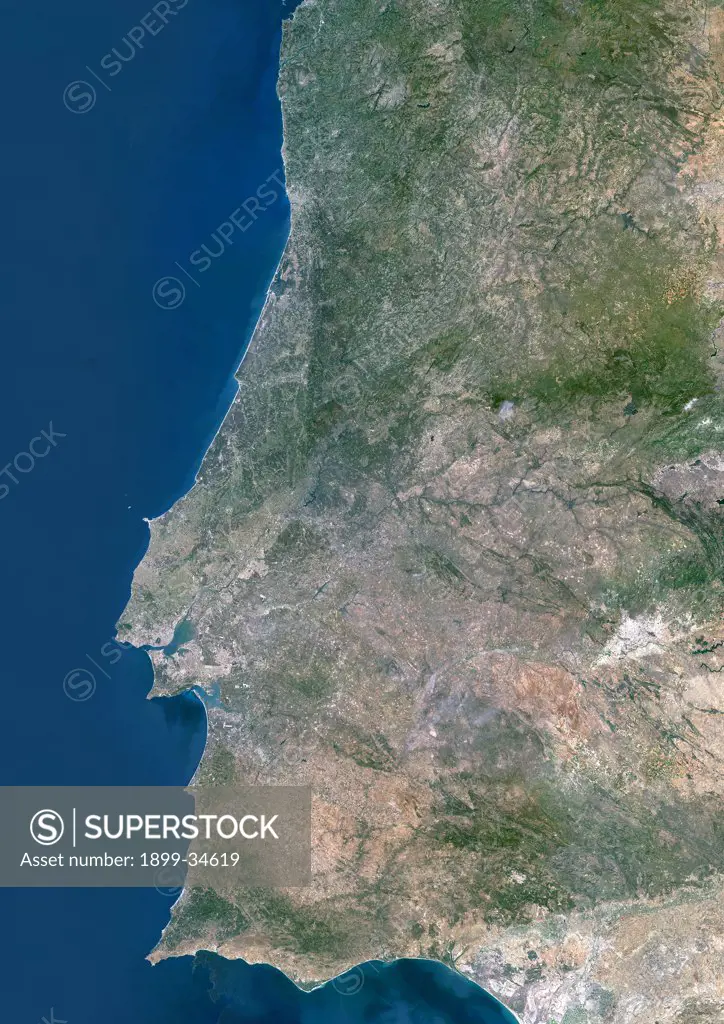 Portugal, True Colour Satellite Image. Portugal. True colour satellite image of Portugal. North is at top. Water is blue, vegetation is green and bare ground is light brown. Part of Spain is also seen. Lisbon (Lisboa), the capital of Portugal, lies on the north side of the northernmost inlet at lower left. The Atlantic Ocean is seen to the west. The image used data from LANDSAT 5 & 7 satellites.