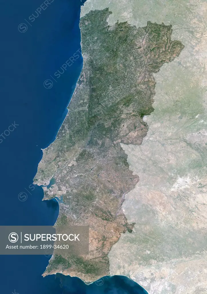 Portugal, True Colour Satellite Image With Mask. Portugal. True colour satellite image of Portugal with mask. North is at top. Water is blue, vegetation is green and bare ground is light brown. Part of Spain is also seen. Lisbon (Lisboa), the capital of Portugal, lies on the north side of the northernmost inlet at lower left. The Atlantic Ocean is seen to the west. The image used data from LANDSAT 5 & 7 satellites.