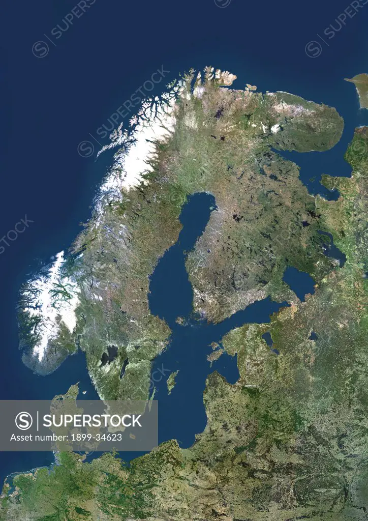 Scandinavia, True Colour Satellite Image. Scandinavia, true colour satellite image. The region comprises the countries of Norway (west coast of the peninsula at upper left), Sweden (on its east coast) and Denmark (small peninsula and islands west of southern Sweden). However, the term is often used to include Finland, across the Gulf of Bothnia to the east of Sweden. The Baltic Sea is at centre, with the thin Gulf of Finland (centre right) separating southern Finland from Estonia. Below Estonia 