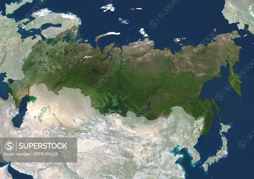 Russia, True Colour Satellite Image With Mask. Russia, true colour satellite image with mask. The image used data from LANDSAT 5 & 7 satellites.