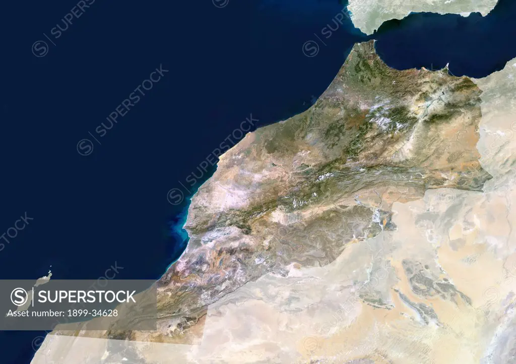 Morocco, True Colour Satellite Image With Mask. Morocco. True colour satellite image of Morocco, with mask. North is at top. The tip of southern Spain lies across the Strait of Gibraltar at top right. The Mediterranean Sea is to the east of this strait, with the Atlantic Ocean to the west. Lakes are visible in the arid area at lower right. This image was compiled from data acquired by LANDSAT 5 & 7 satellites.