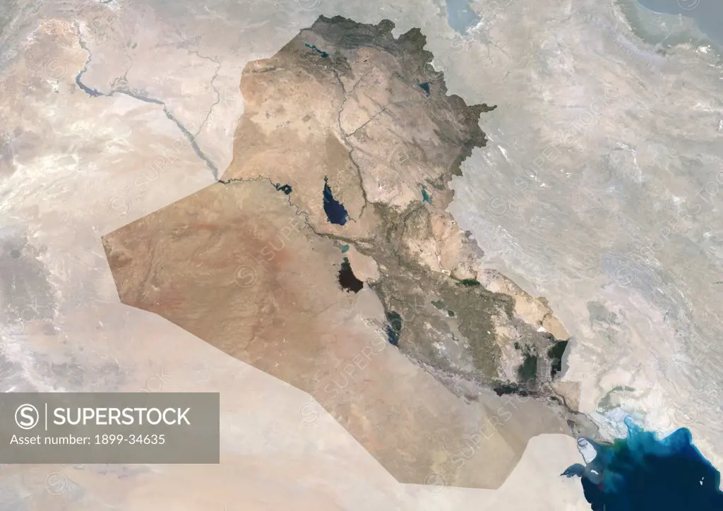 Iraq, True Colour Satellite Image With Mask. Iraq, true colour satellite image with mask. North is at top. Iraq comprises a green fertile area that lies between the Tigris (northern) and Euphrates (southern) rivers. The two large lakes in Iraq, to the left of the green area, are Lake Tharthar (upper) and Lake Razazah (lower). This image was compiled from data acquired by LANDSAT 5 & 7 satellites.